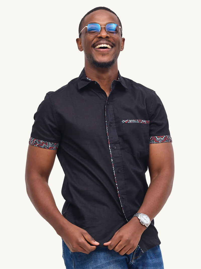 Linen Shirts: Black with Red & Grey Geo Print