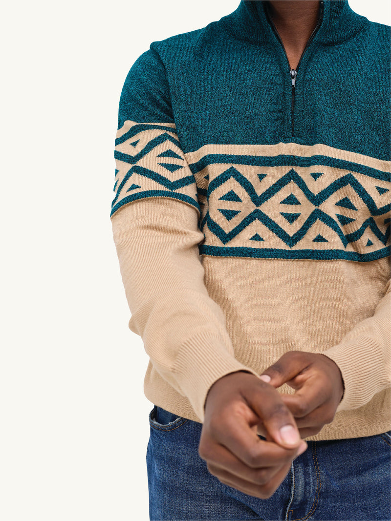 Kali Mens KnitWear: Half-Zip - Beige & Green