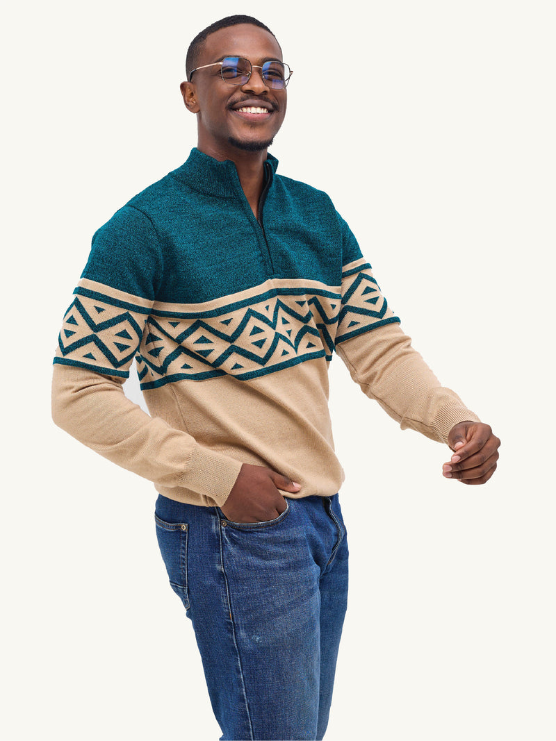 Kali Mens KnitWear: Half-Zip - Beige & Green