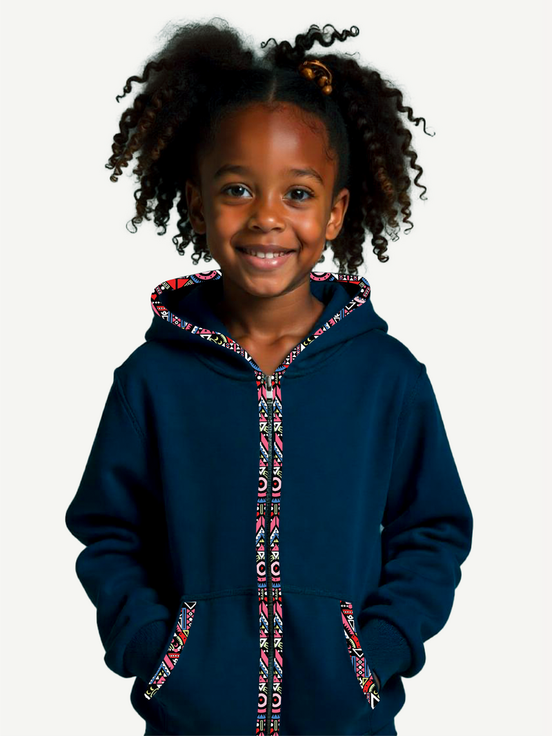Kids Zipper Hoodies: Navy with Pink Tribal