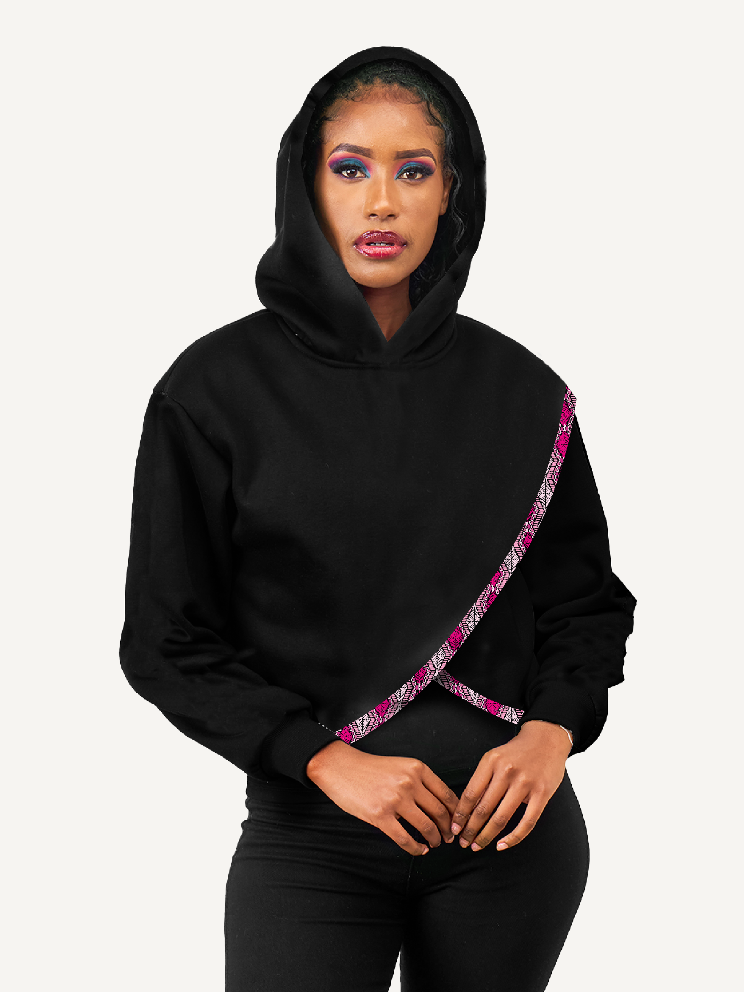 Ladies Hoodies: Crop - Black with Pink Salmon Print