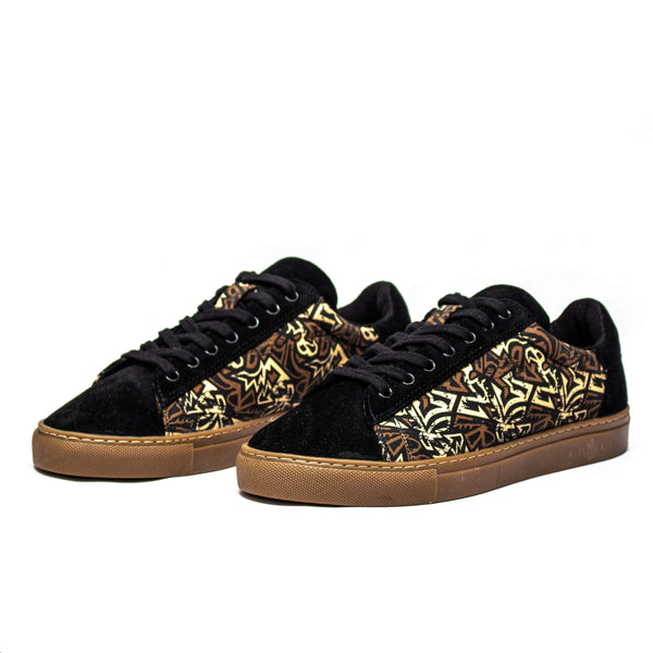 Kali Sneakers: Premium Black Suede with Brown KK Print (Brown Sole)
