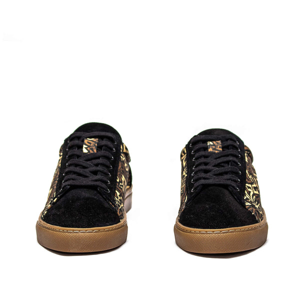 Kali Sneakers: Premium Black Suede with Brown KK Print (Brown Sole)