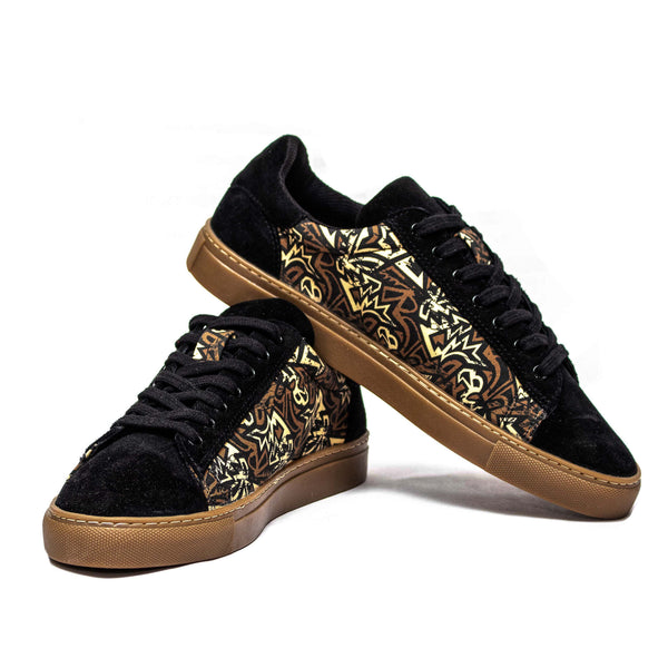 Kali Sneakers: Premium Black Suede with Brown KK Print (Brown Sole)