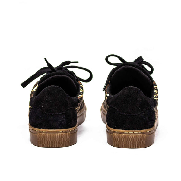 Kali Sneakers: Premium Black Suede with Brown KK Print (Brown Sole)