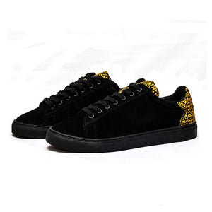 Kali Sneakers: Premium Black Suede with Gold KK Print (Subtle)
