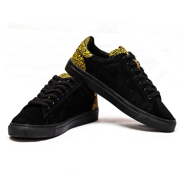 Kali Sneakers: Premium Black Suede with Gold KK Print (Subtle)