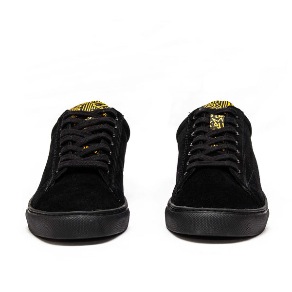 Kali Sneakers: Premium Black Suede with Gold KK Print (Subtle)