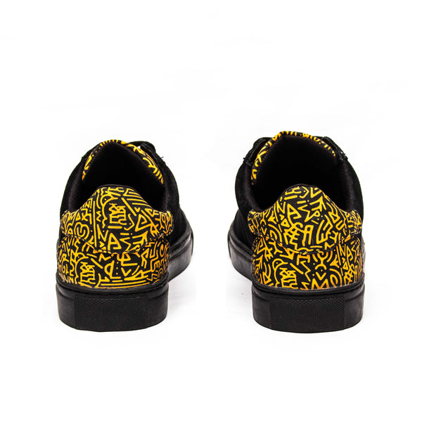 Kali Sneakers: Premium Black Suede with Gold KK Print (Subtle)