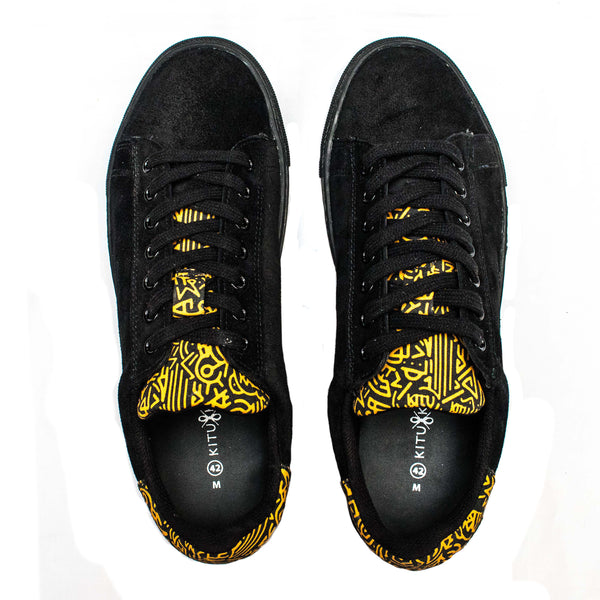 Kali Sneakers: Premium Black Suede with Gold KK Print (Subtle)
