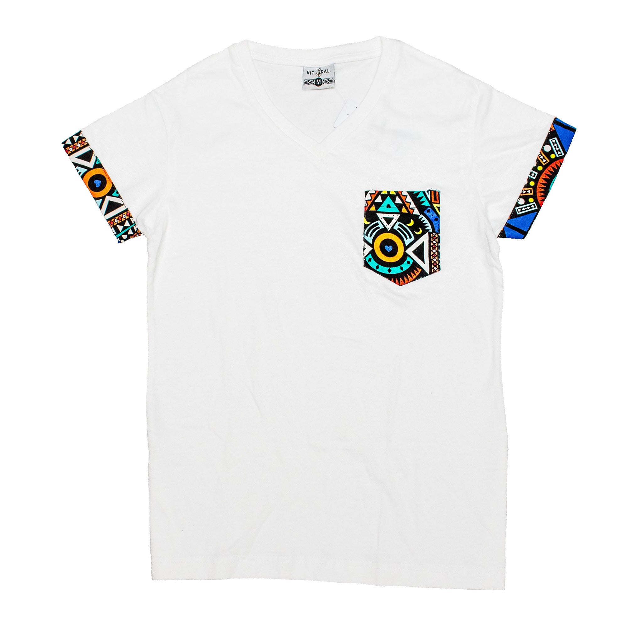 Kali Premium V-neck Ts: White with Blue Tribal