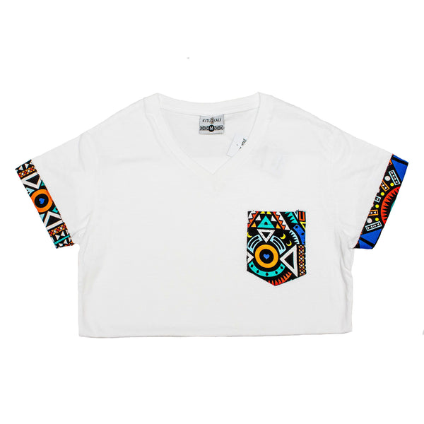Kali Premium V-neck Ts: White with Blue Tribal