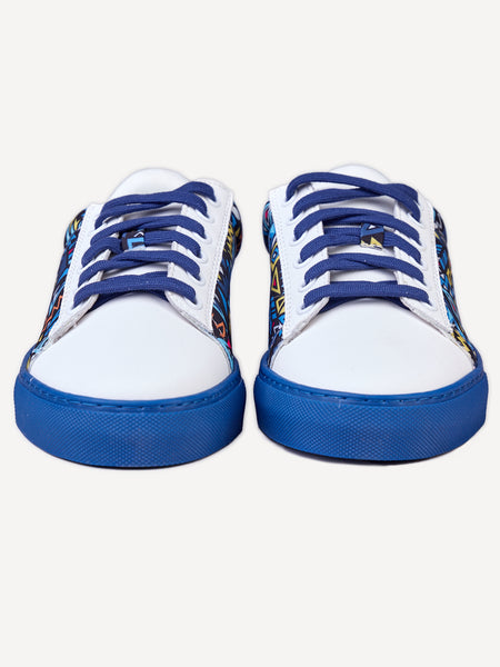 White Leather with Blue KK Print (Blue Sole)