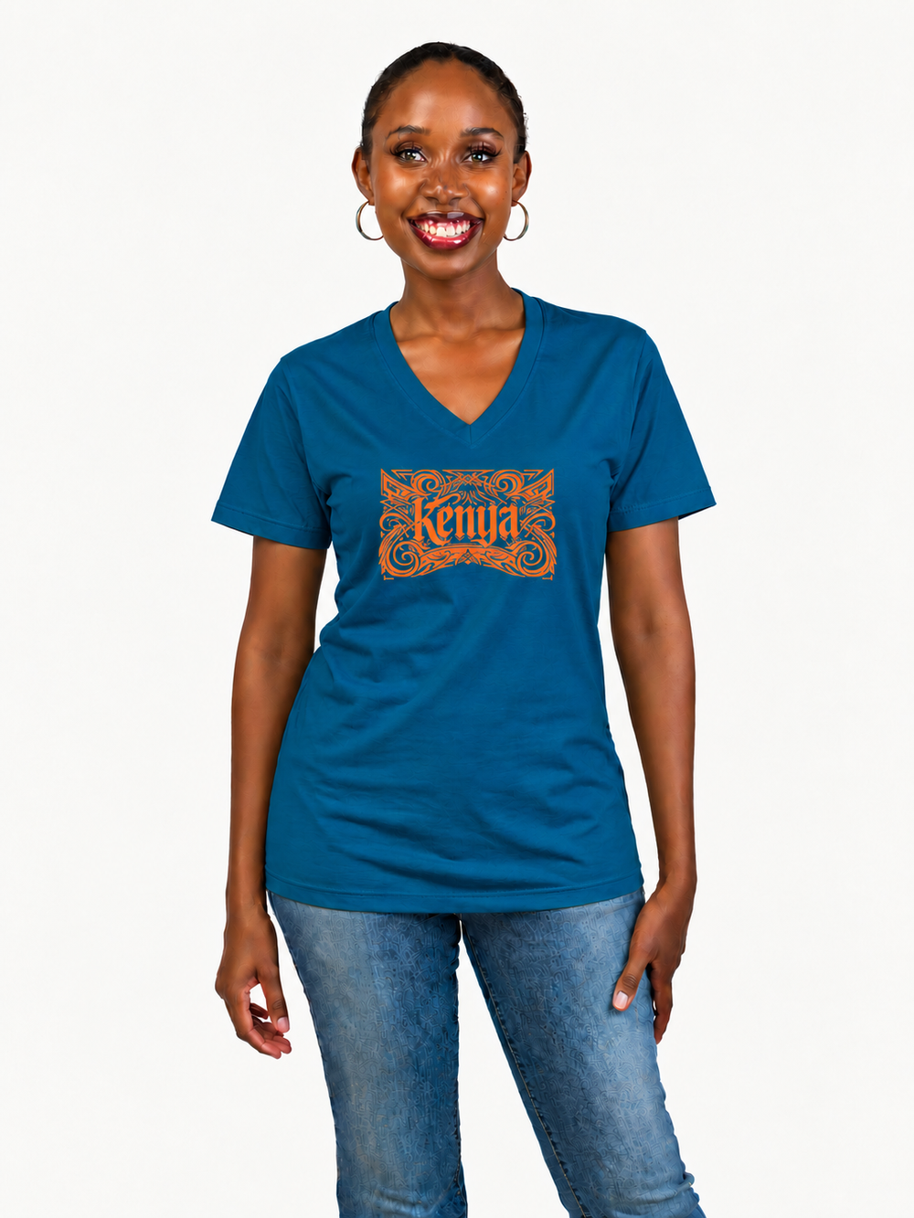 Kali Clearance B/F26 Ladies V-Neck Ts: Petrol Blue with Orange Kenya