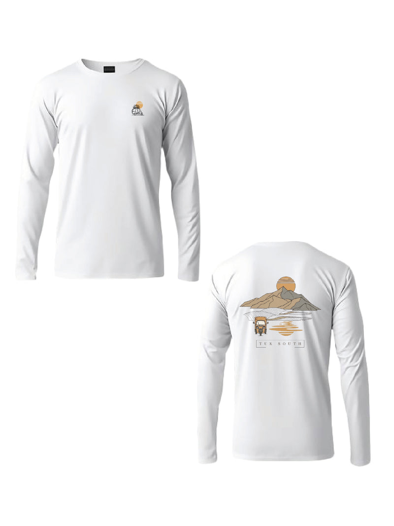 Kali Long-Sleeve Graphic Ts: White with Mountains and Mirages