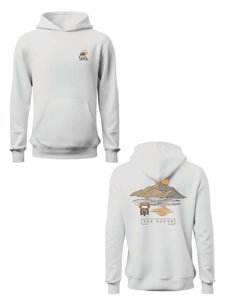 Kali Graphic Hoodies: White with Mountains and Mirages