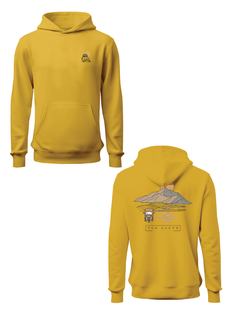 Kali Graphic Hoodies: Yellow with Mountains and Mirages