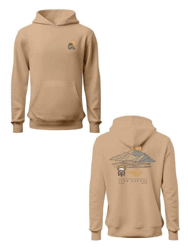 Kali Graphic Hoodies: Beige with Mountains and Mirages