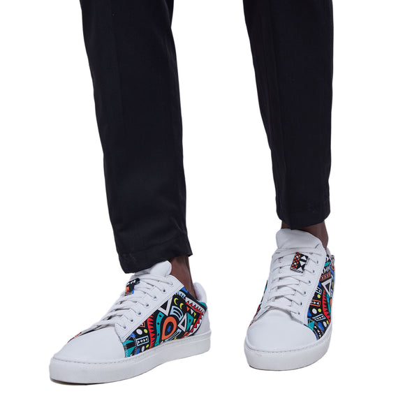 Kali Sneakers: Premium White Leather with Blue Tribal