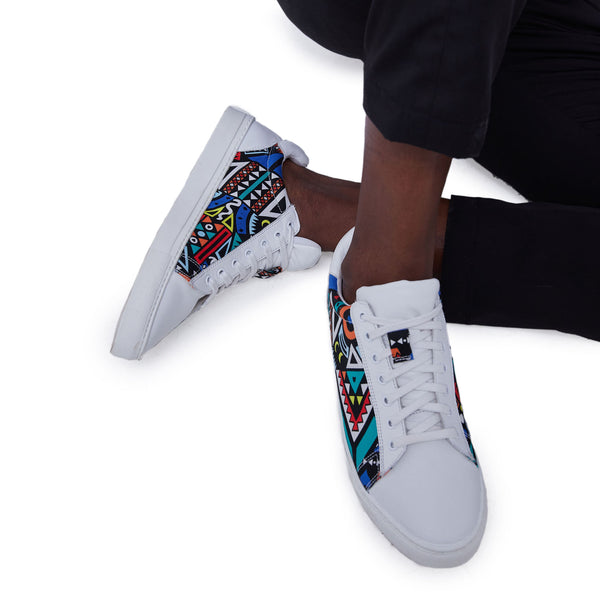 Kali Sneakers: Premium White Leather with Blue Tribal
